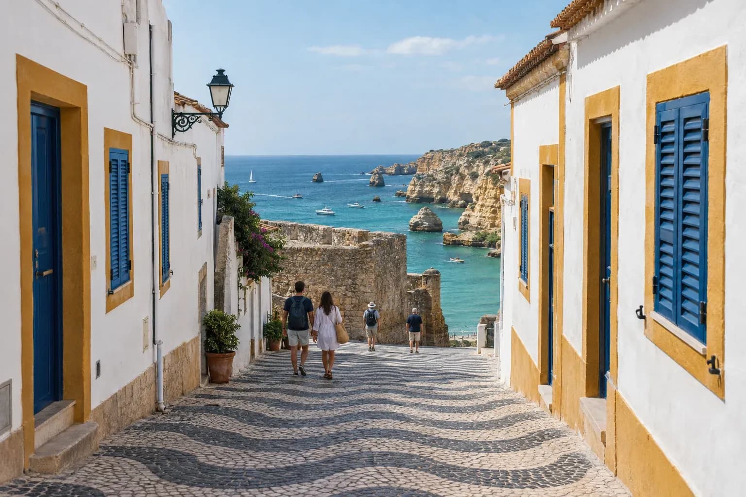 A cobbled street in Lagos old town with whitewashed houses, blue shutters and wave-patterned paving leading to the old wall and the sea