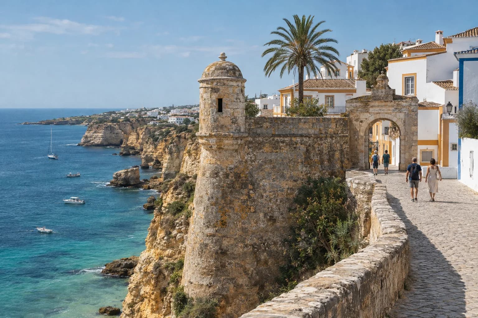 An old stone town wall with a round watchtower above the sea and an arched gateway into whitewashed streets