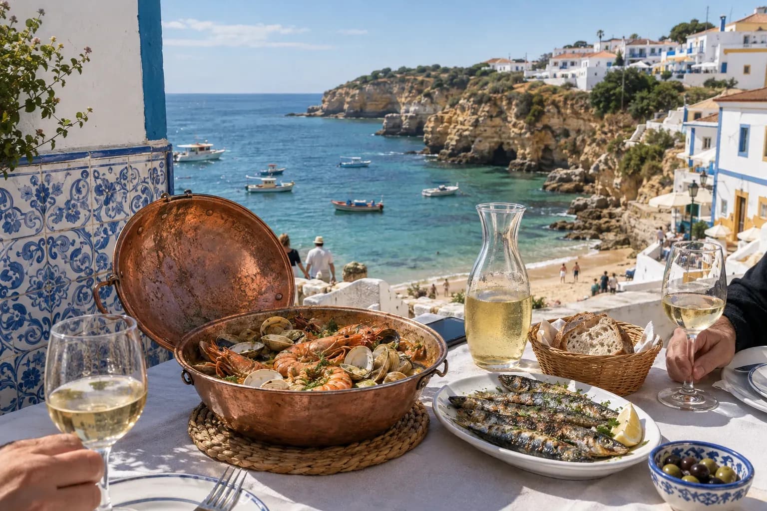 A copper cataplana with clams and prawns on a table by the sea