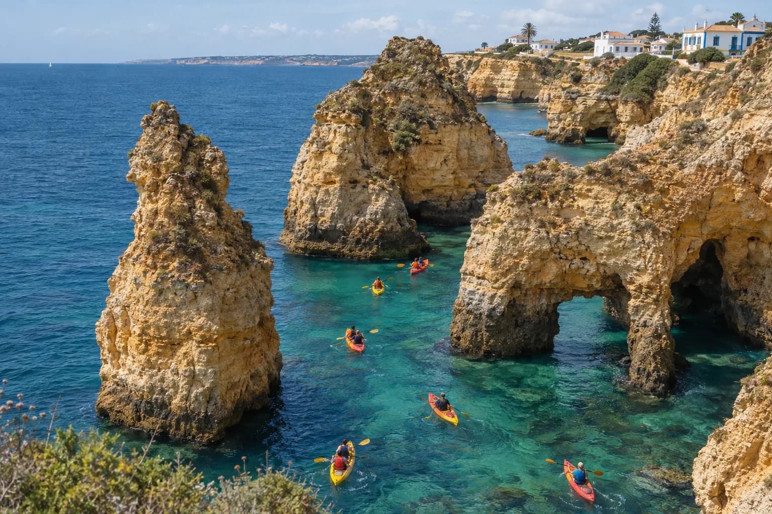 Rock arches and sea stacks of Ponta da Piedade near Lagos with small boats below