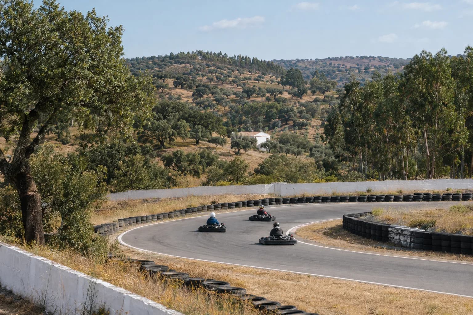 Three karts taking a bend on an outdoor karting track among cork oaks