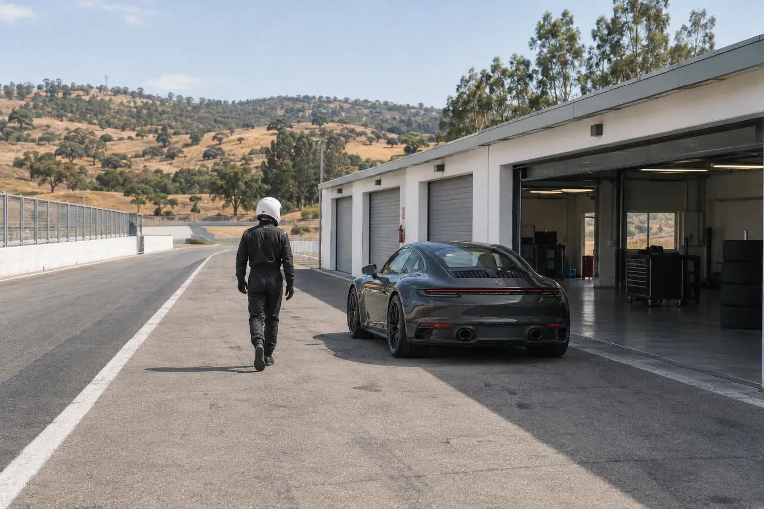 A driver in a plain helmet walking towards a grey sports car parked in front of an open pit garage, dry hills behind