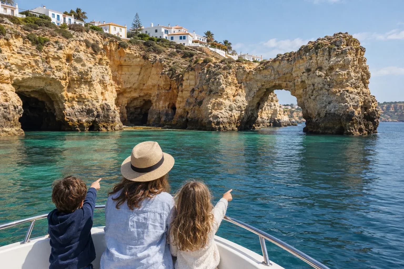 A parent and two children seen from behind at the rail of a small boat, pointing at sea caves