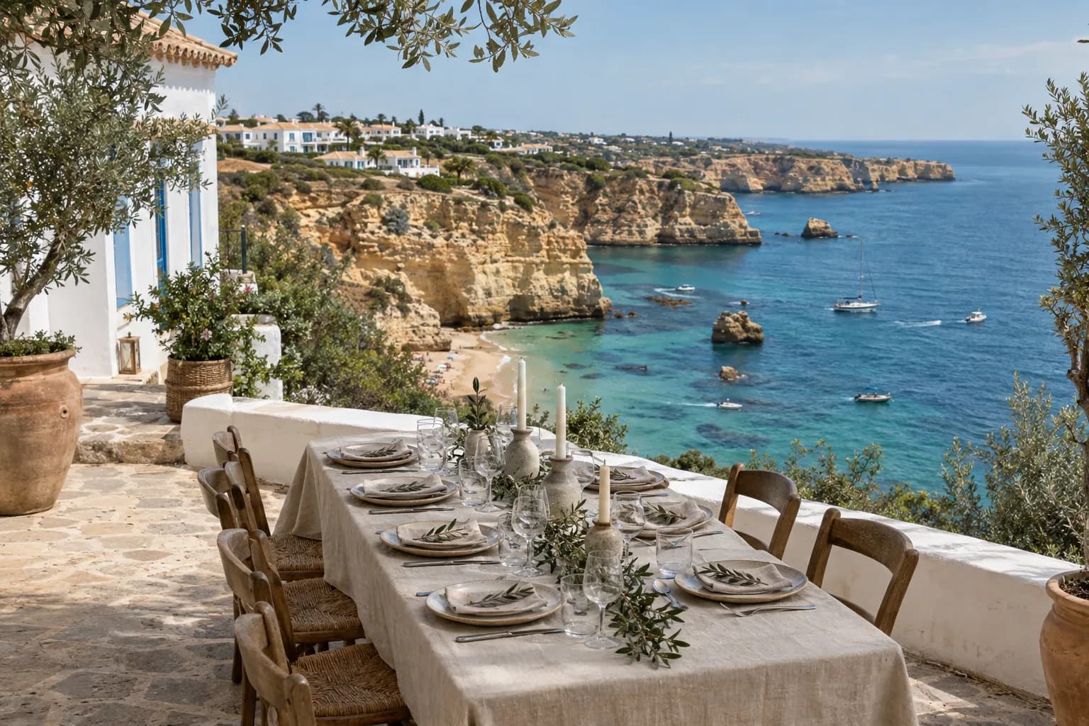 A long table laid for eight on a villa terrace above the sea, olive trees and golden cliffs beyond