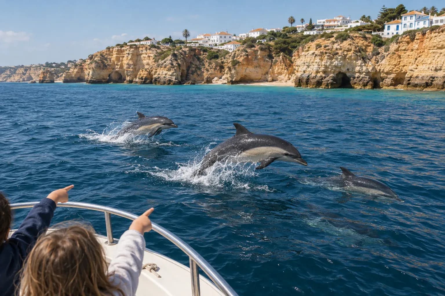Common dolphins leaping beside the bow of a small boat in deep blue water
