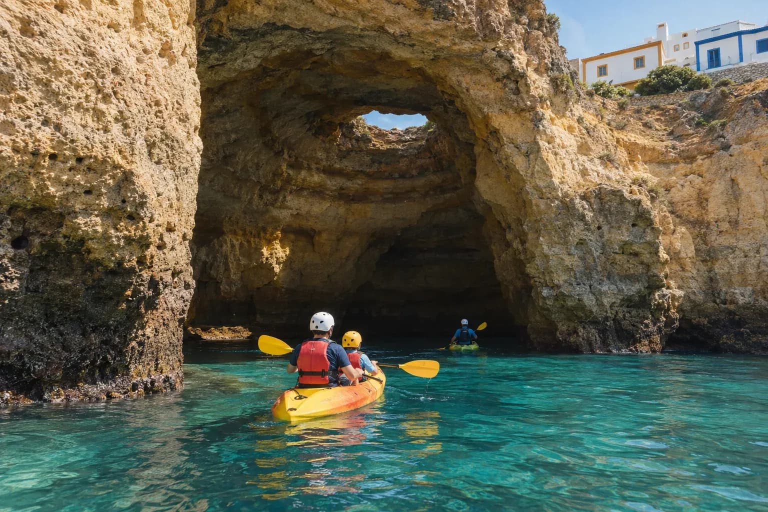 A parent and a child paddling a double kayak into a calm sea cave with a guide nearby