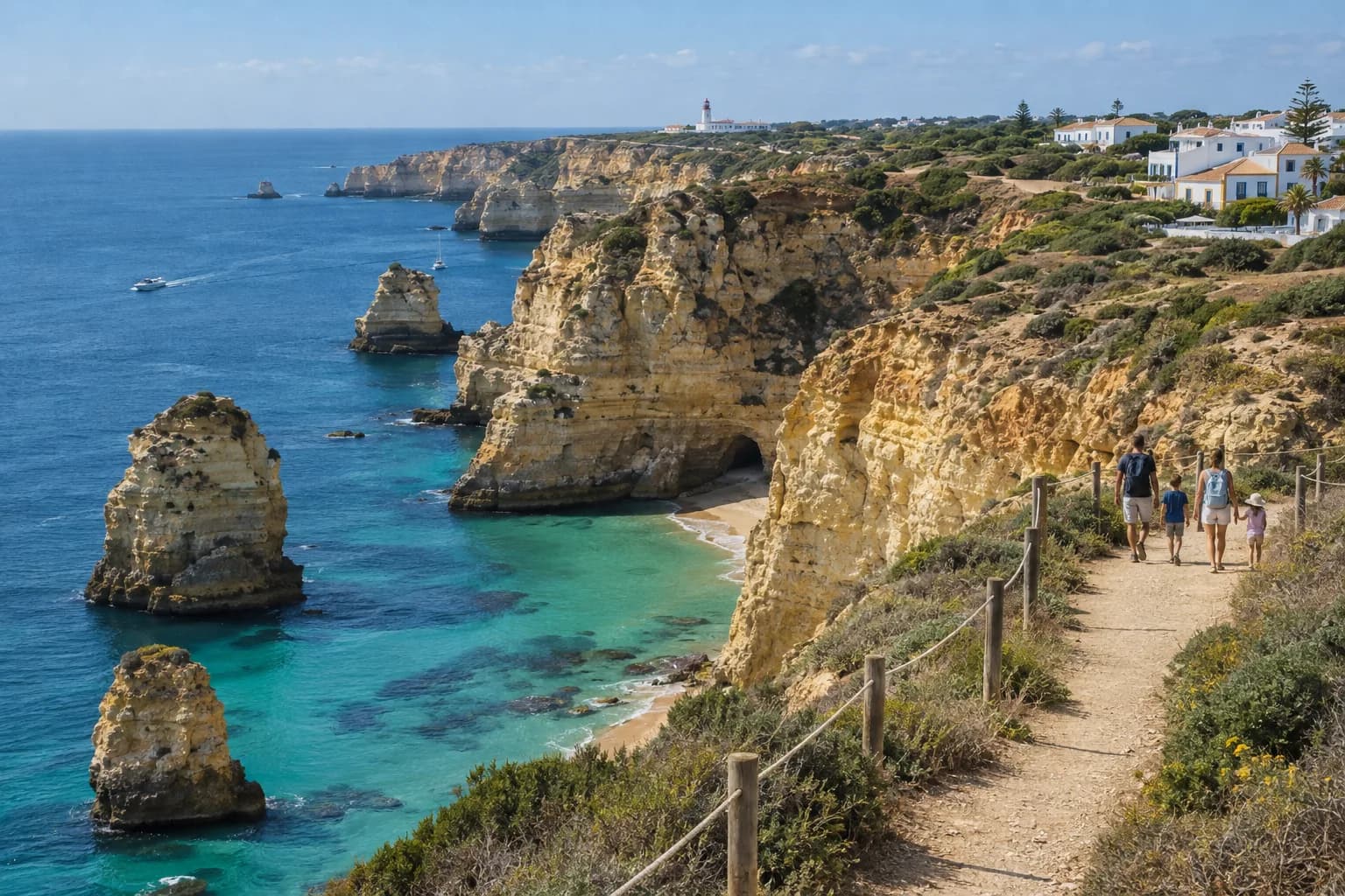 A family walking a cliff-top path with wooden posts above turquoise coves