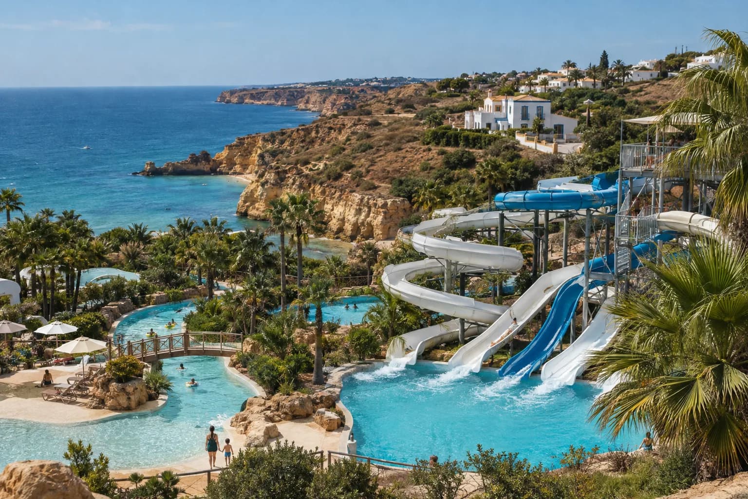 Winding water slides and a turquoise splash pool with palm trees, early in the morning