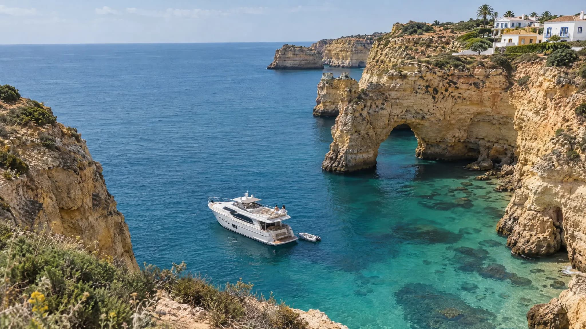 A white motor yacht at anchor in a small aquamarine cove below tall golden cliffs and a sea arch