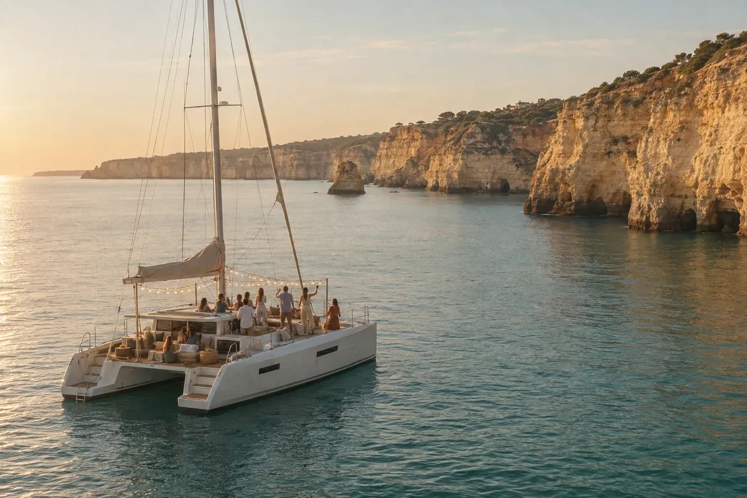A large sailing catamaran at sunset with friends dancing on deck