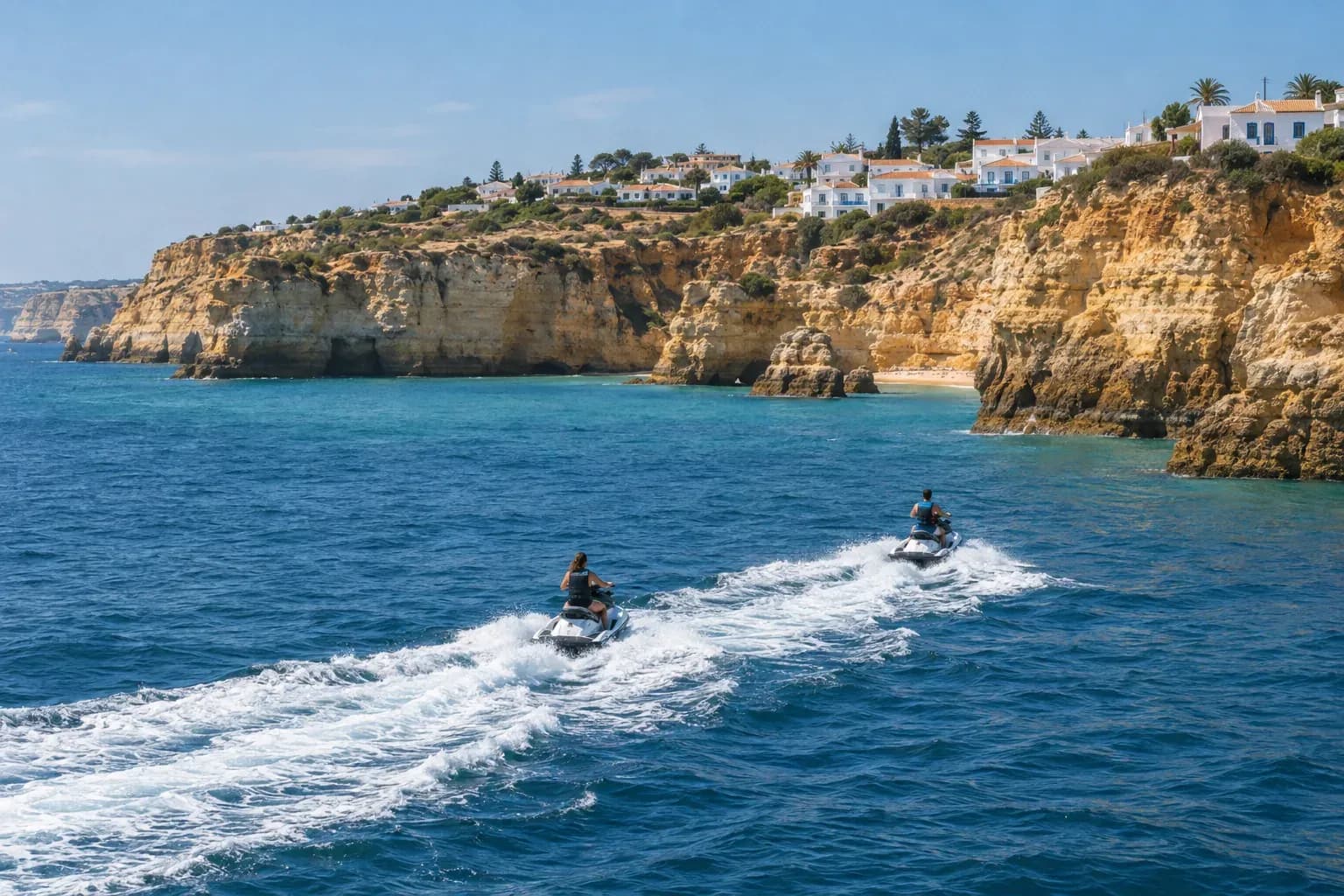 Two jet skis leaving white wakes in front of golden cliffs