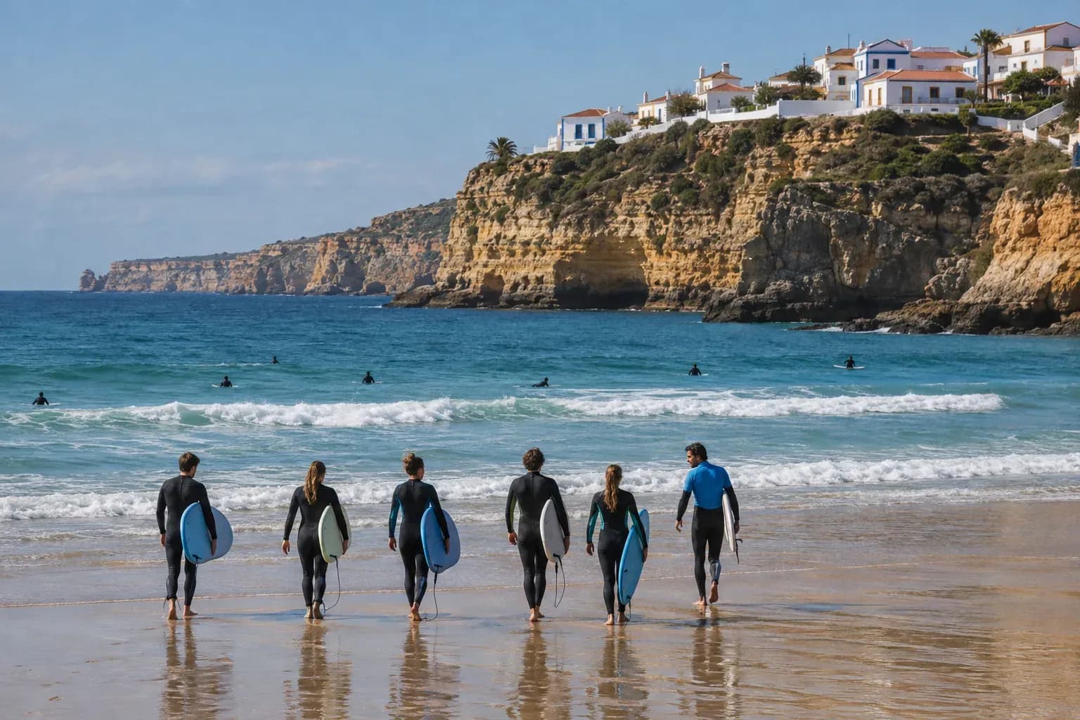 Beginners carrying soft-top surfboards towards small waves on a wide beach