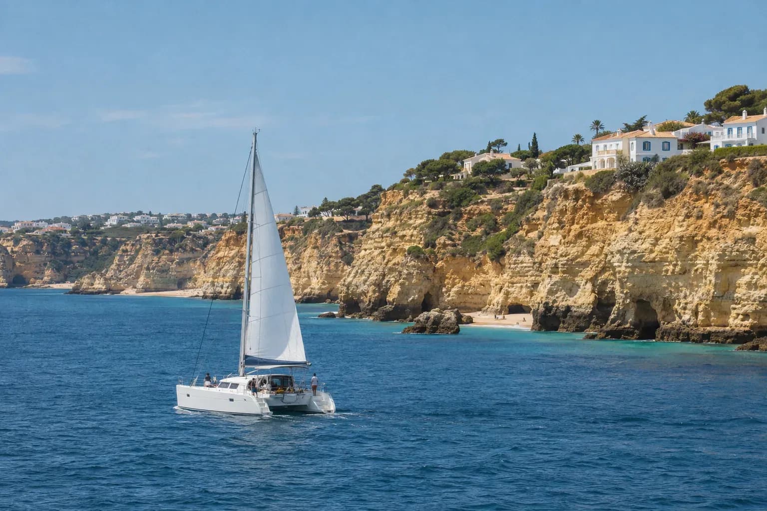 A white sailing catamaran under sail along golden cliffs