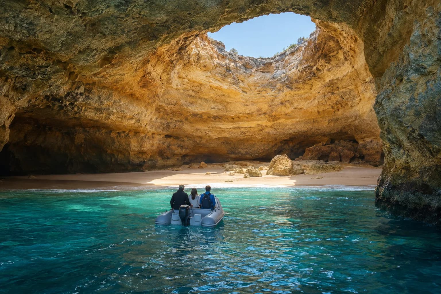 A small tender with three people gliding into a sea cave with an opening in the roof