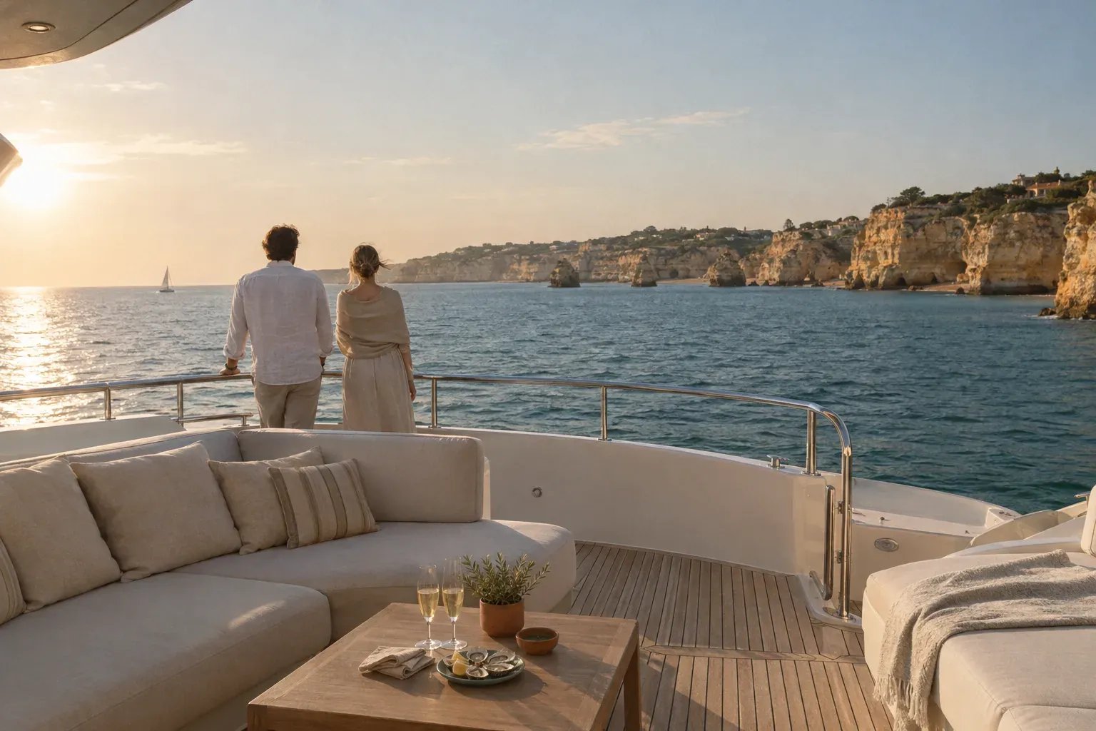 The aft deck of a motor yacht at sunset with champagne glasses, the sun low over the sea