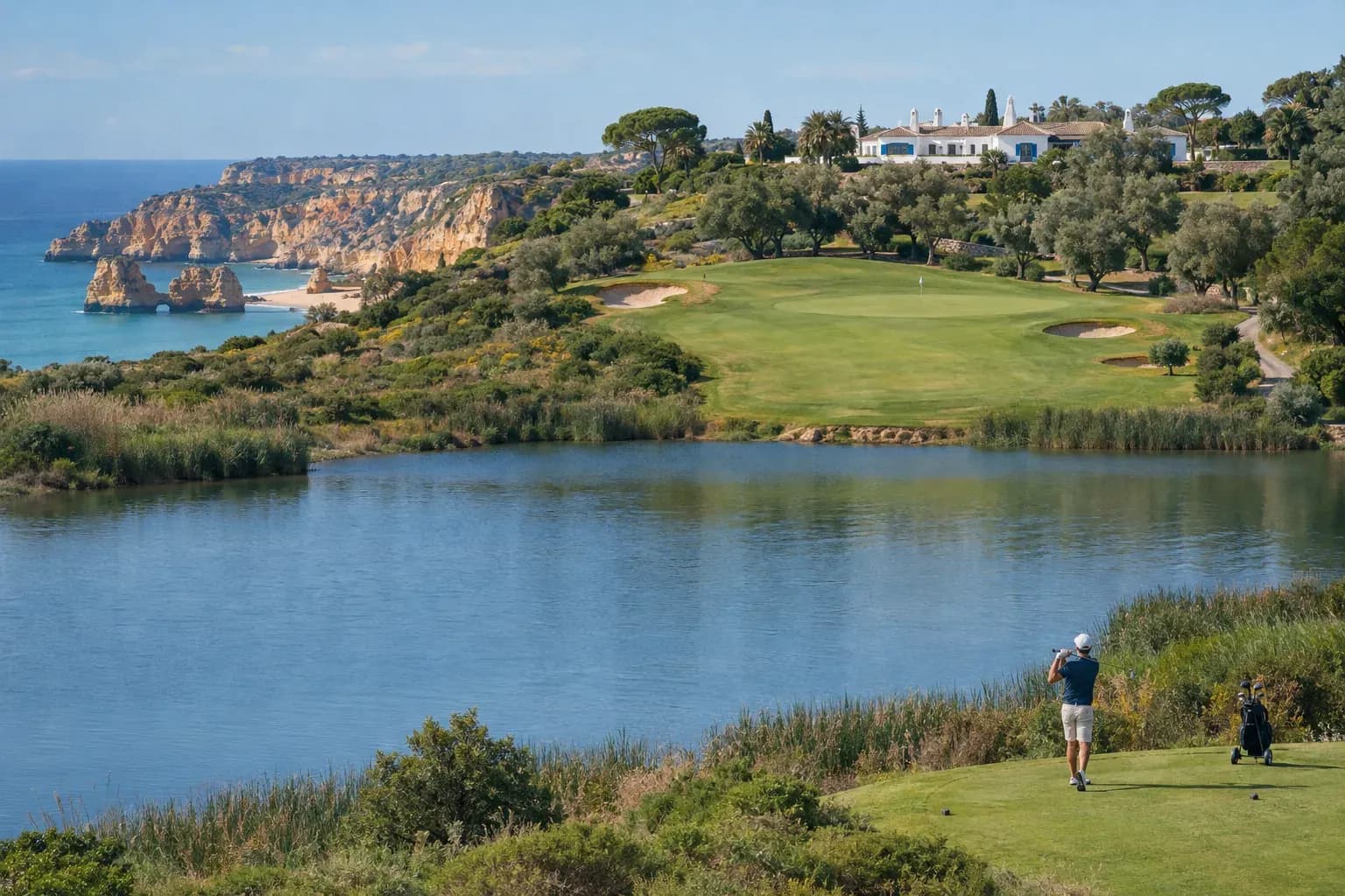 A golf hole across a calm lake with reeds, the fairway rising to a green among olive trees