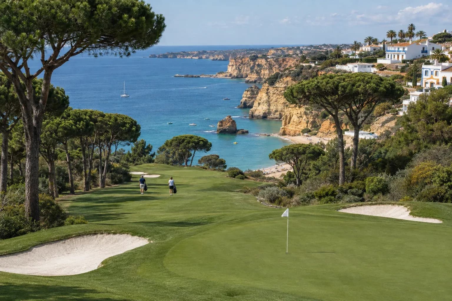 A fairway lined with tall umbrella pines and white bunkers, two golfers far away