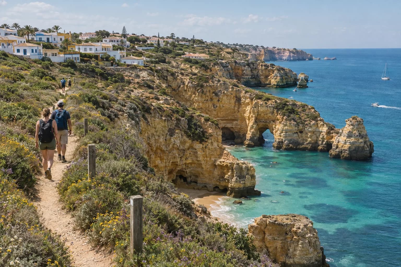 Walkers on a cliff-top path above turquoise coves and rock arches