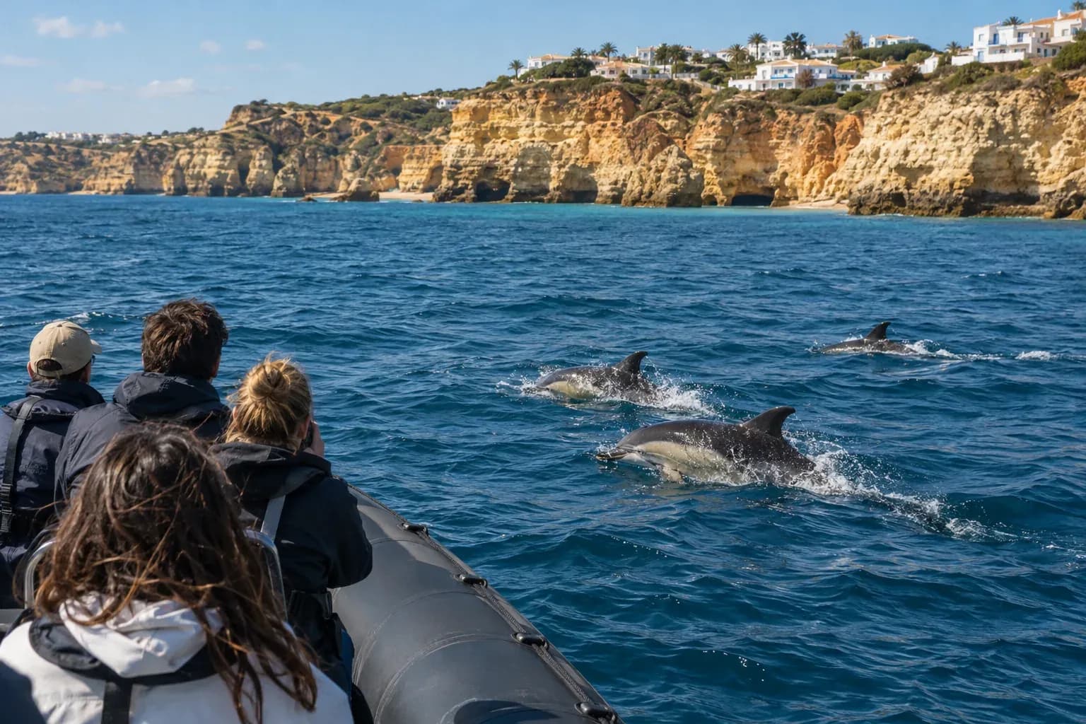 Dolphins surfacing beside a small boat