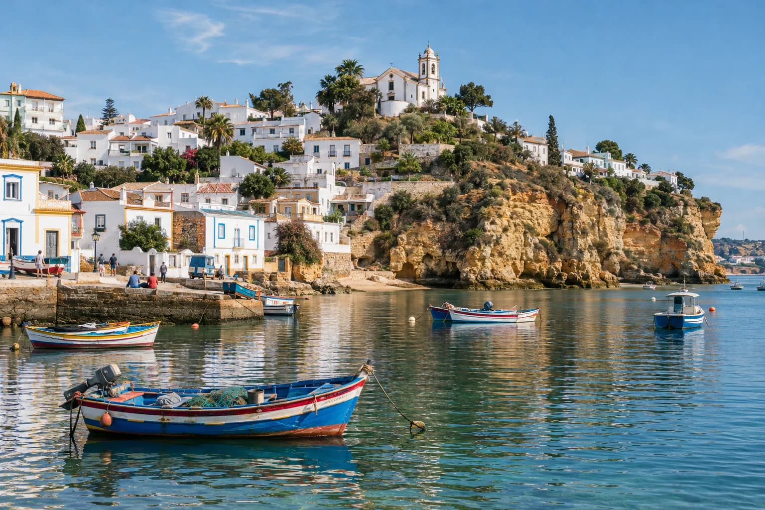 Whitewashed Ferragudo and small fishing boats on the Arade river