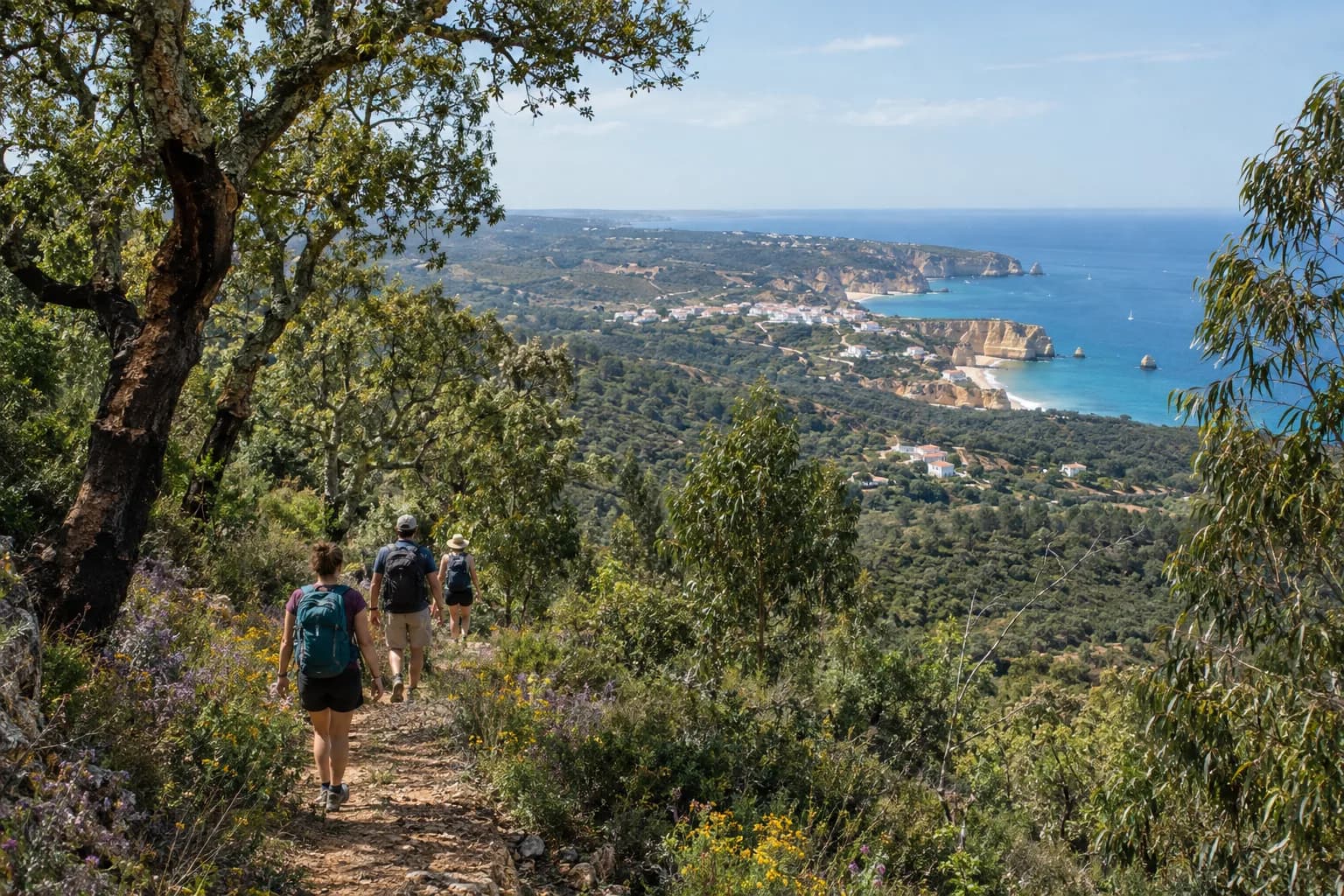 Walkers on a trail through cork oaks in the Monchique hills