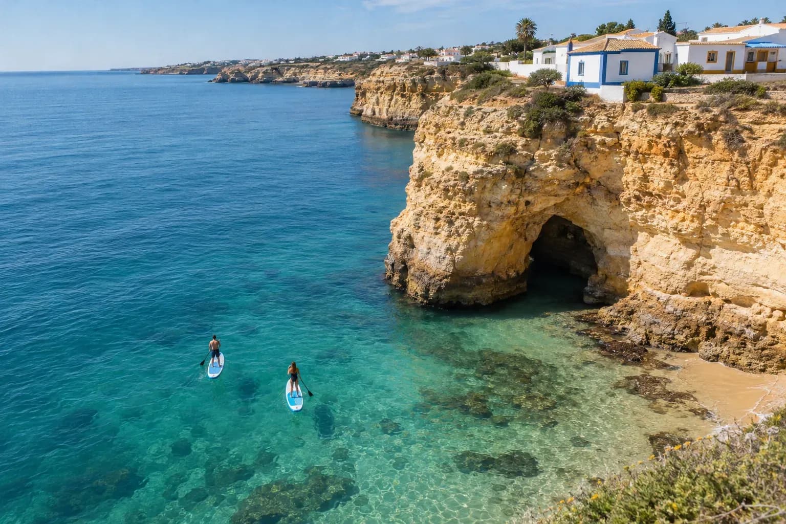 Paddlers on clear water beside a golden cliff with a cave