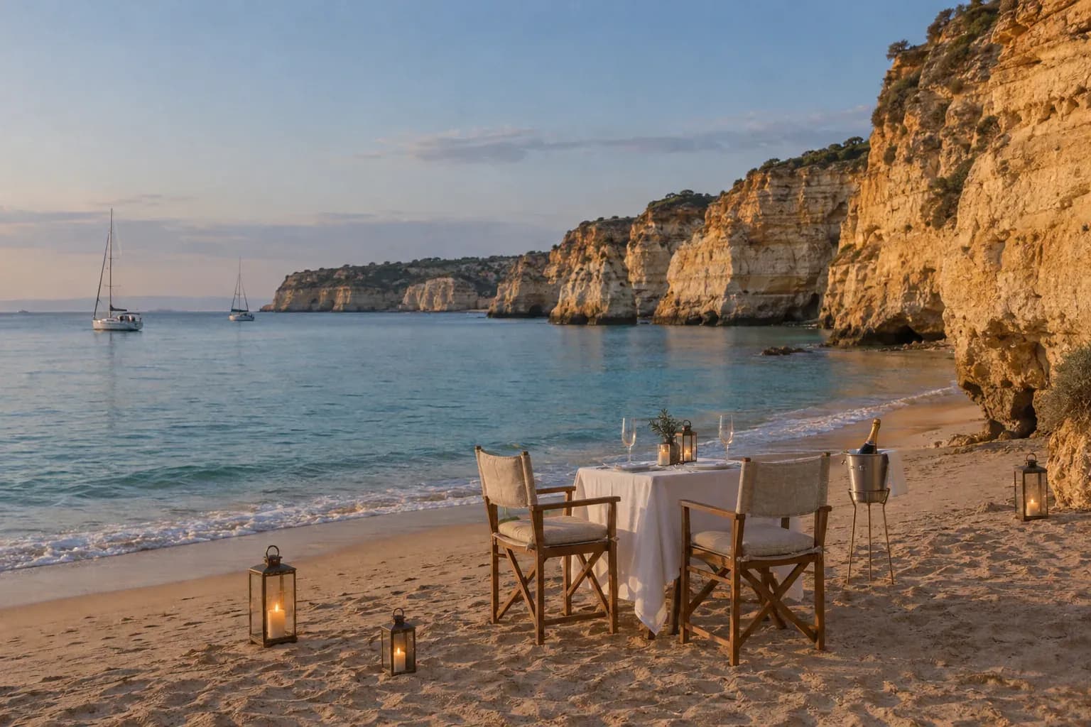 A table for two on a quiet beach at dusk with lanterns and champagne on ice
