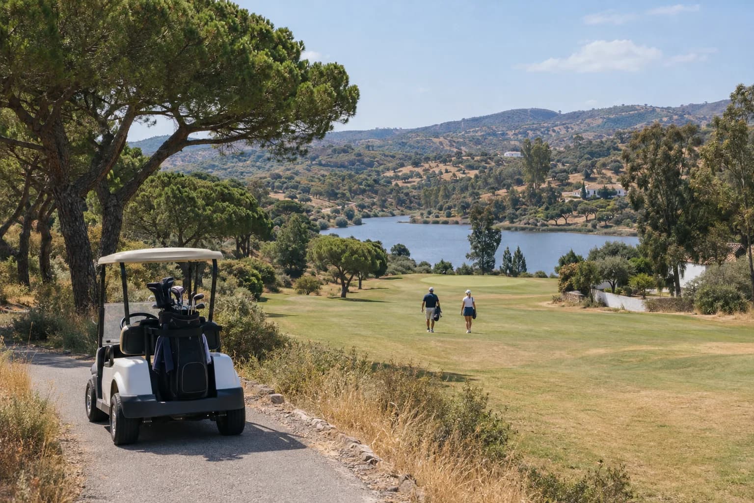 A golf buggy on a cart path beside a pine-lined fairway, a lake beyond