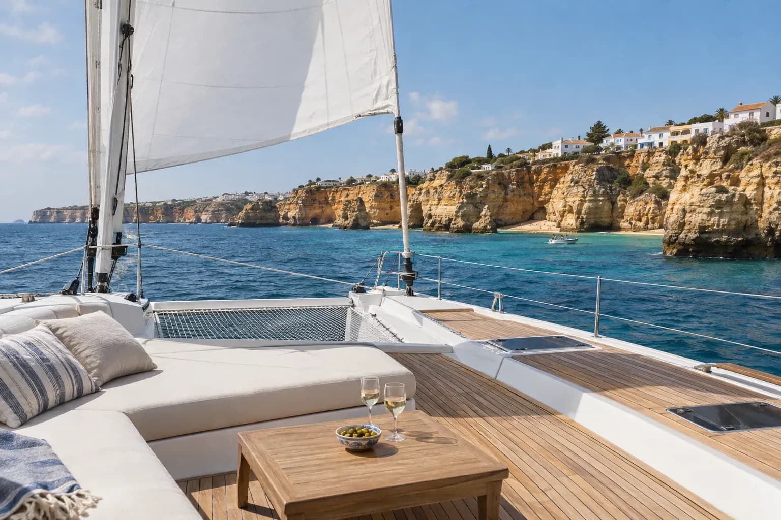 The teak foredeck of a sailing catamaran with two glasses of white wine, golden cliffs passing behind