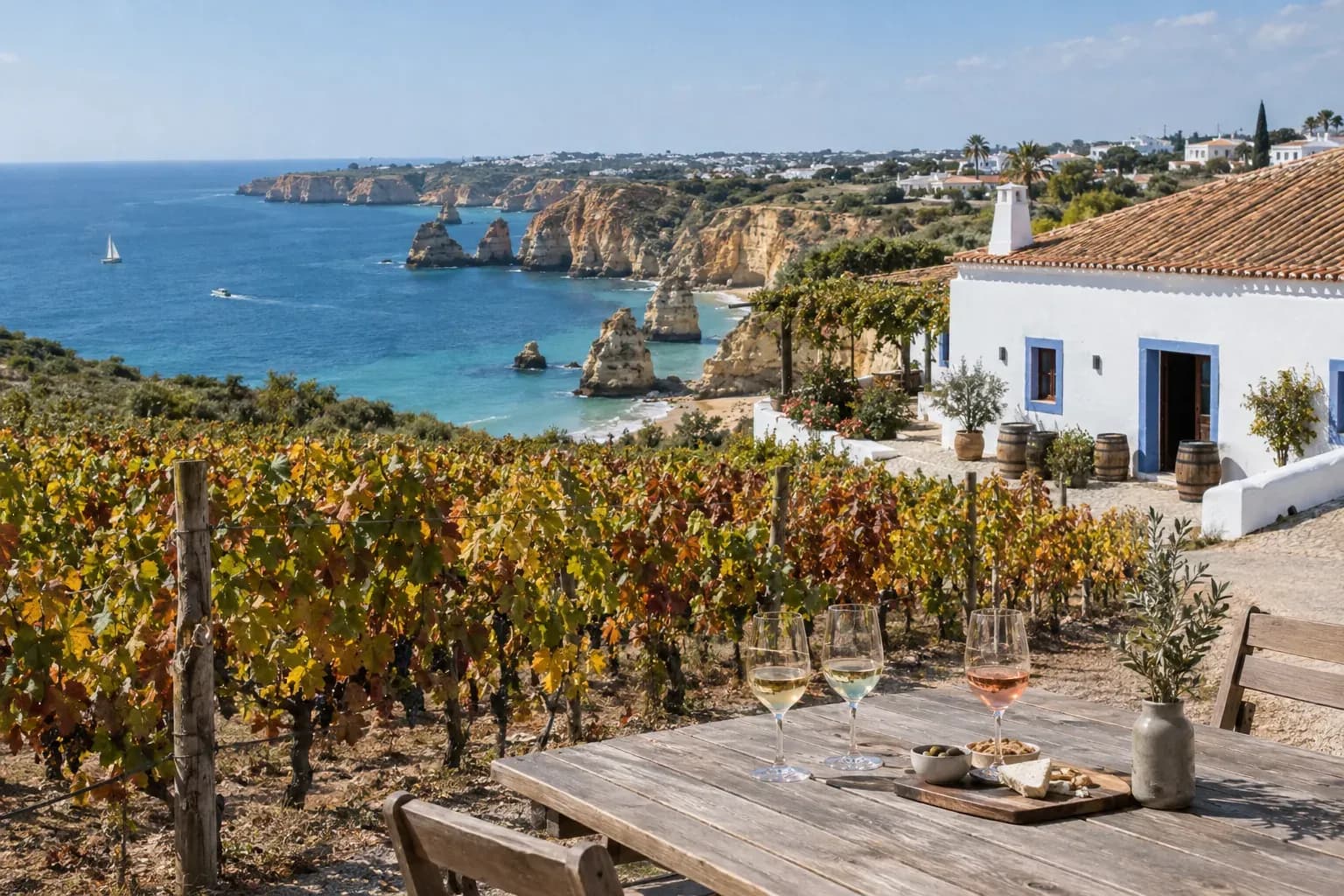 Vines with autumn leaves and a table set for a wine tasting near Lagoa